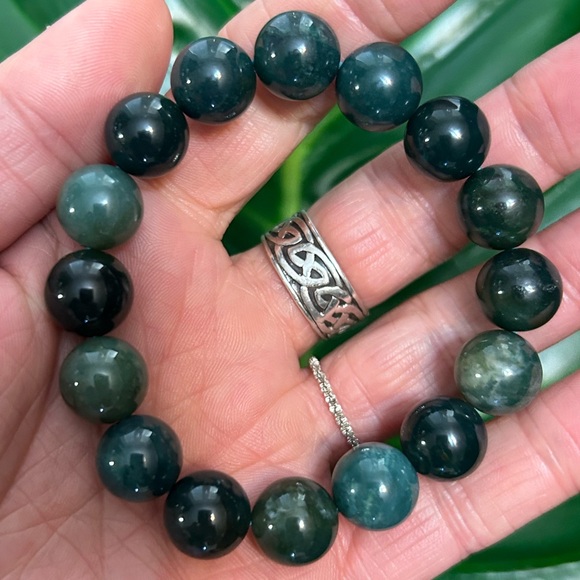 GORGEOUS chunky 12mm moss agate high quality handmade beaded bracelet - Picture 2 of 4